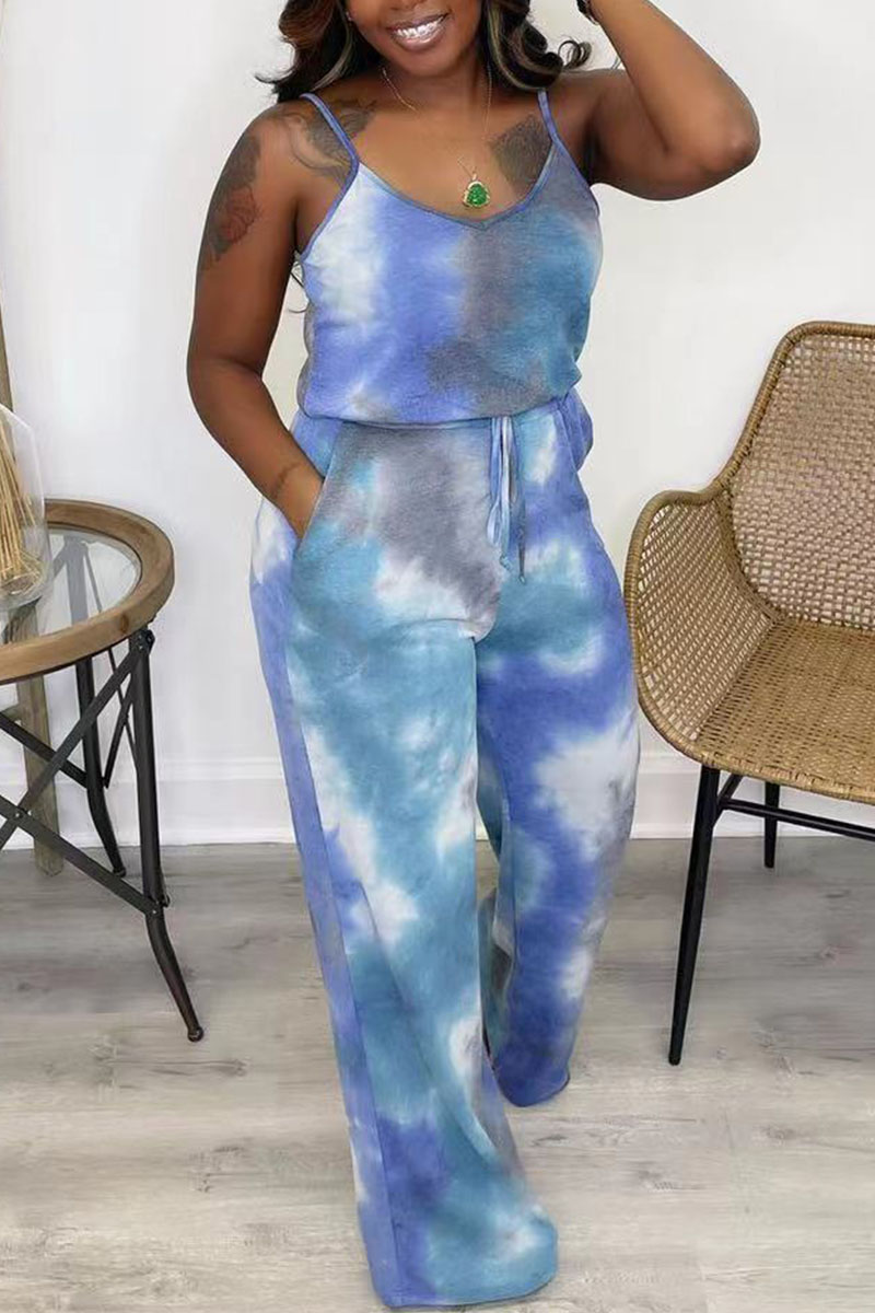 

Blue Casual Tie Dye Split Joint Frenulum Spaghetti Strap Loose Jumpsuits