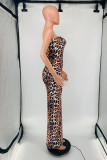 Brunt mode sexigt tryck leopard rygglös axelbandslös klänning