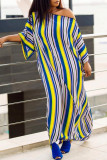 Vestido estampado de cuello oblicuo con abertura de estampado de rayas casual de moda multicolor