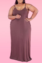 Brown Sexy Casual Plus Size Solid Backless Spaghetti Strap Sleeveless Dress