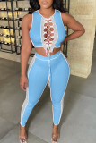 Light Blue Sexy Solid Hollowed Out Patchwork Frenulum Asymmetrical O Neck Sleeveless Two Pieces