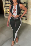 White Sexy Solid Hollowed Out Patchwork Frenulum Asymmetrical O Neck Sleeveless Two Pieces
