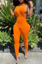 Oranje sexy casual effen uitgeholde turndown kraag skinny jumpsuits