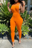 Orangefarbene, sexy, lässige, solide, ausgehöhlte, dünne Overalls mit Umlegekragen