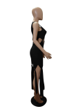 Черное сексуальное однотонное платье с круглым вырезом и асимметричным платьем Платья