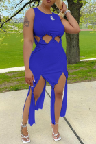 Blauwe sexy effen uitgeholde O-hals onregelmatige jurk jurken