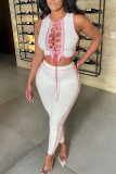 Red Sexy Solid Hollowed Out Patchwork Frenulum Asymmetrical O Neck Sleeveless Two Pieces