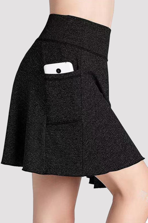 Schwarzer, modischer, lässiger, solider Patchwork-Taschenrock mit normaler hoher Taille