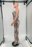 Bruine mode sexy print luipaard backless strapless mouwloze jurk