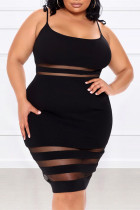 Vestido preto fashion sexy plus size patchwork transparente com alça de espaguete sem manga