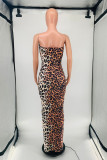 Brunt mode sexigt tryck leopard rygglös axelbandslös klänning