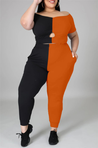 オレンジ色のファッションカジュアルパッチワークが肩からくり抜かれたプラスサイズのツーピース