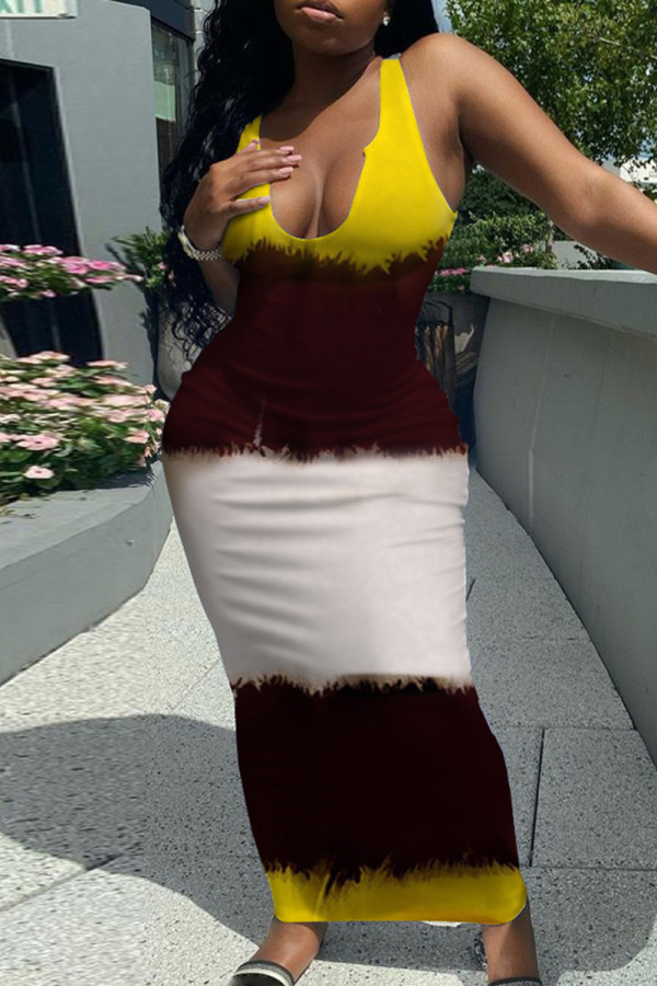 Желтое модное сексуальное базовое платье с U-образным вырезом и принтом
