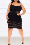 Zwarte mode sexy plus size patchwork doorschijnende spaghetti band mouwloze jurk
