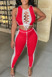 Red Sexy Solid Hollowed Out Patchwork Frenulum Asymmetrical O Neck Sleeveless Two Pieces
