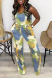 Yellow Casual Tie Dye Patchwork Frenulum Spaghetti Strap Loose Jumpsuits