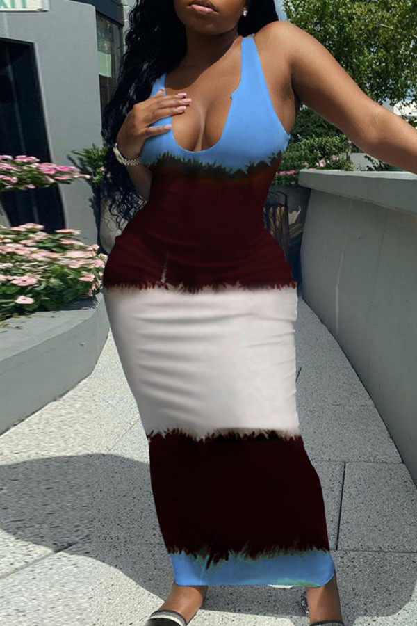 Синее модное сексуальное базовое платье с U-образным вырезом и принтом