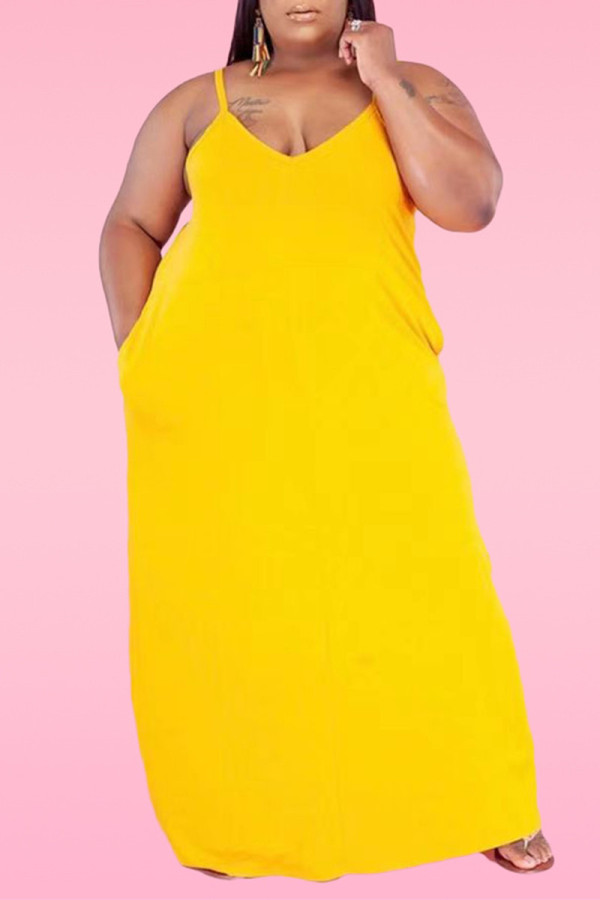 Gele sexy casual plus size effen backless spaghetti band mouwloze jurk