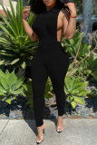 Zwarte sexy casual effen uitgeholde turndown kraag skinny jumpsuits