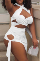 White Fashion Sexy Solid Hollowed Out Halter Sleeveless Two Pieces