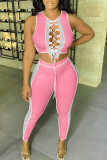 Pink Sexy Solid Hollowed Out Patchwork Frenulum Asymmetrical O Neck Sleeveless Two Pieces