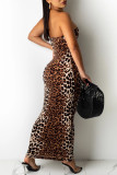 Коричневое модное сексуальное платье с леопардовым принтом и открытой спиной без бретелек без рукавов