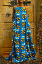 ブルーファッションセクシープリントバックレススパゲッティストラップノースリーブドレス