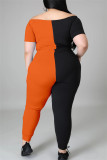 Patchwork décontracté à la mode orange évidé de l'épaule grande taille deux pièces