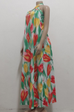 Grönt sexigt tryck Patchwork Spaghetti Strap Printed Dress Klänningar