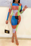 Türkisfarbene, sexy bedruckte Patchwork-Bleistiftrockkleider mit O-Ausschnitt