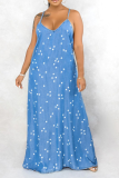 Himmelblaues, sexy bedrucktes, gerades Kleid mit Patchwork-Spaghettiträgern