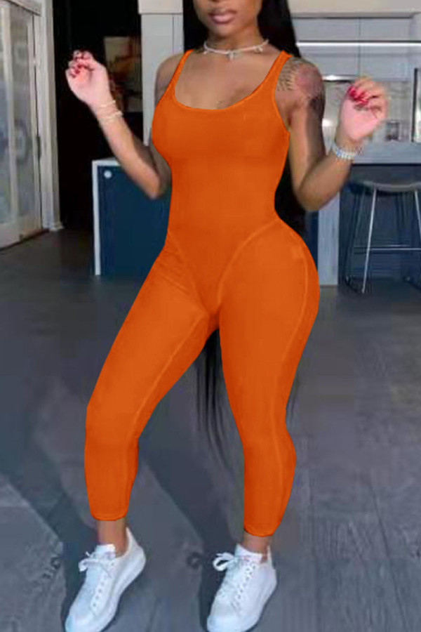 Tangerine Sexy Solid Patchwork U Neck Skinny Jumpsuits