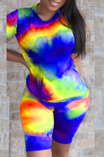Blue Casual Patchwork Tie-dye O Neck Short Sleeve Two Pieces