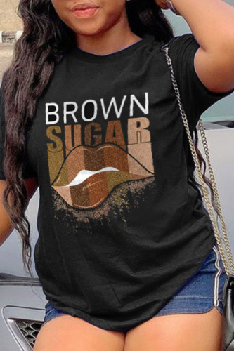 Black Casual Print Patchwork O Neck T-Shirts