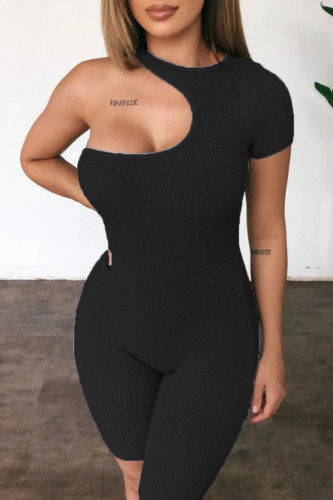 Black Fashion Sportswear Solid Hollowed Out One Shoulder Skinny Romper
