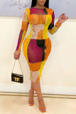 Turkos sexiga tryck patchwork O-hals pennkjol klänningar