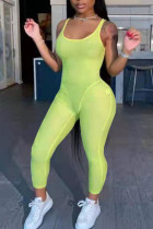 蛍光グリーンのセクシーなソリッドパッチワークUネックスキニージャンプスーツ