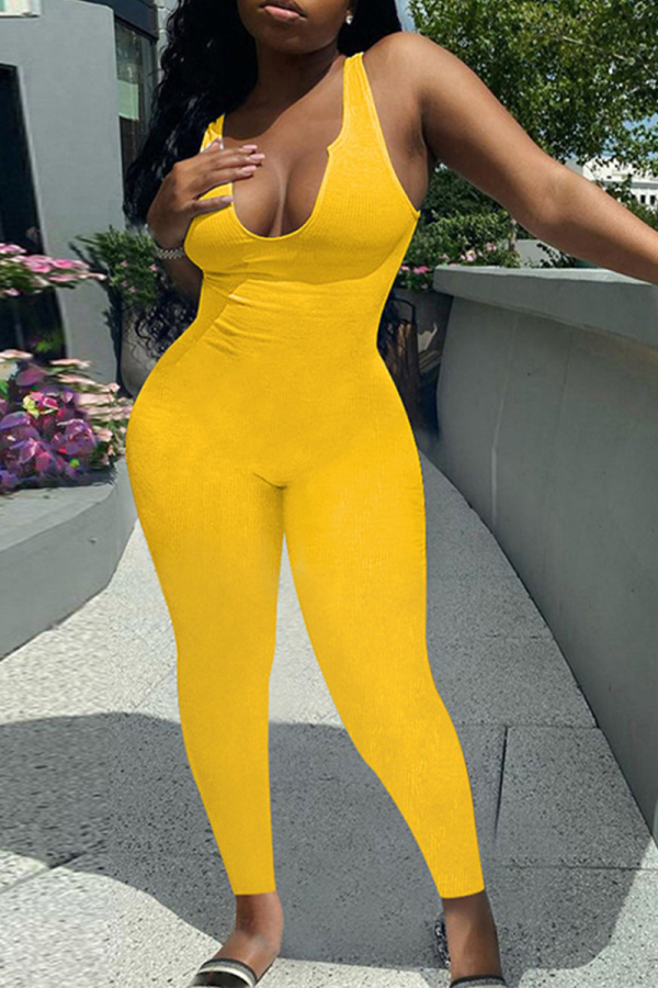 Tute skinny con scollo a U in patchwork solido giallo sexy