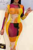 Türkisfarbene, sexy bedruckte Patchwork-Bleistiftrockkleider mit O-Ausschnitt