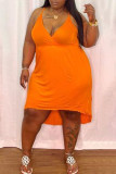 オレンジ カジュアル ソリッド パッチワーク スパゲッティ ストラップ ストレート プラス サイズ ドレス