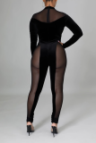 Black Sexy Solid Mesh Half A Turtleneck Skinny Jumpsuits