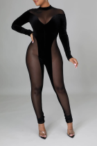 Black Sexy Solid Mesh Half A Turtleneck Skinny Jumpsuits