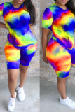 Vert fluo Casual Patchwork Tie-dye O Neck Short Sleeve Two Pieces