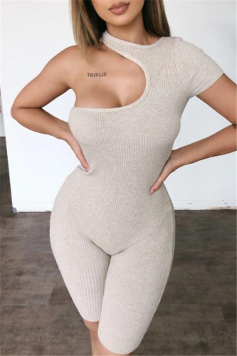 Apricot Fashion Sportswear Solid Hollowed Out One Shoulder Skinny Romper