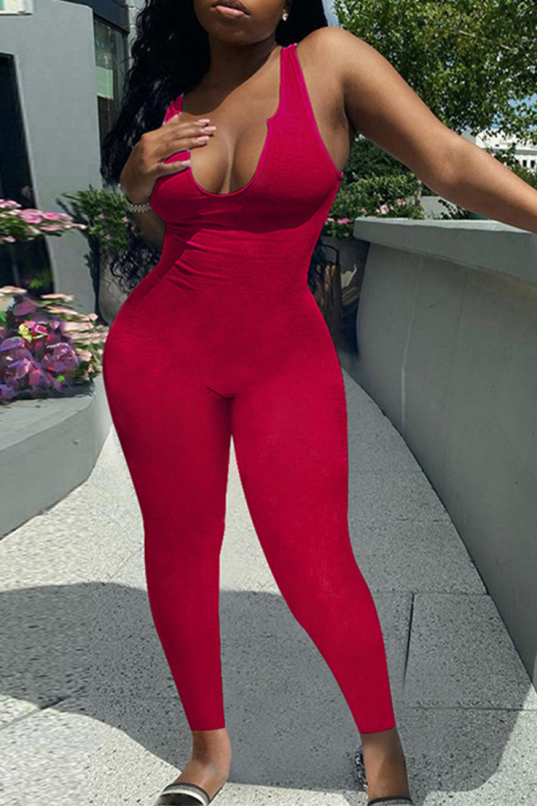 Red Sexy Solid Patchwork U Neck Skinny Jumpsuits