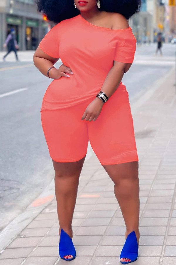 Orange Mode Casual Solid Basic Snedkrage Plus Size Two Pieces
