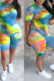 Vert fluo Casual Patchwork Tie-dye O Neck Short Sleeve Two Pieces