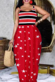 Red Blue Street Print Patchwork Spaghetti Strap Sling Dress Dresses