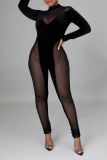 Zwarte sexy effen mesh halflange coltrui skinny jumpsuits