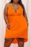 オレンジ カジュアル ソリッド パッチワーク スパゲッティ ストラップ ストレート プラス サイズ ドレス